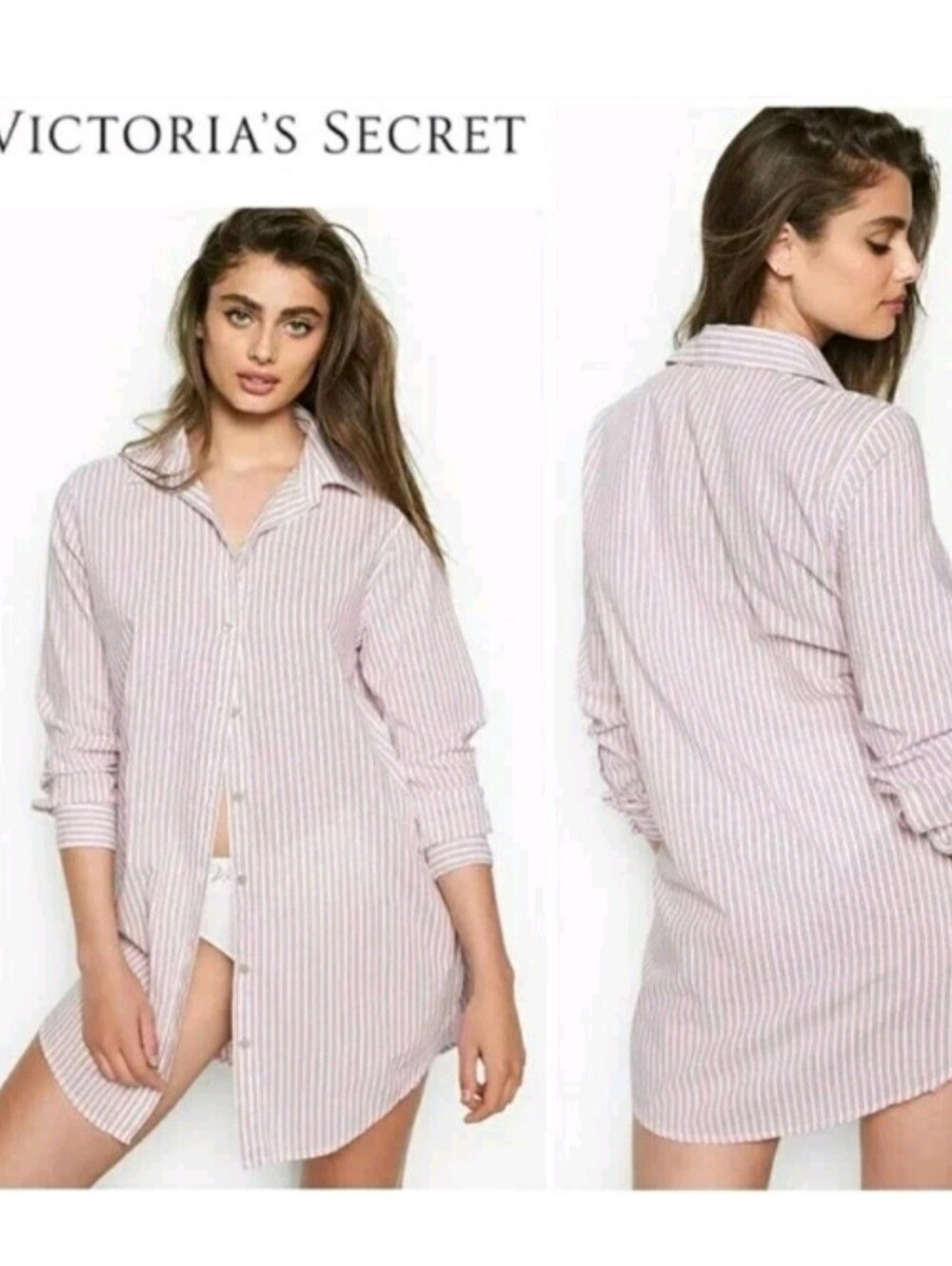 Victoria’s Secret Pink Striped Sleep Shirt Nightgown Pajama Button Down Large